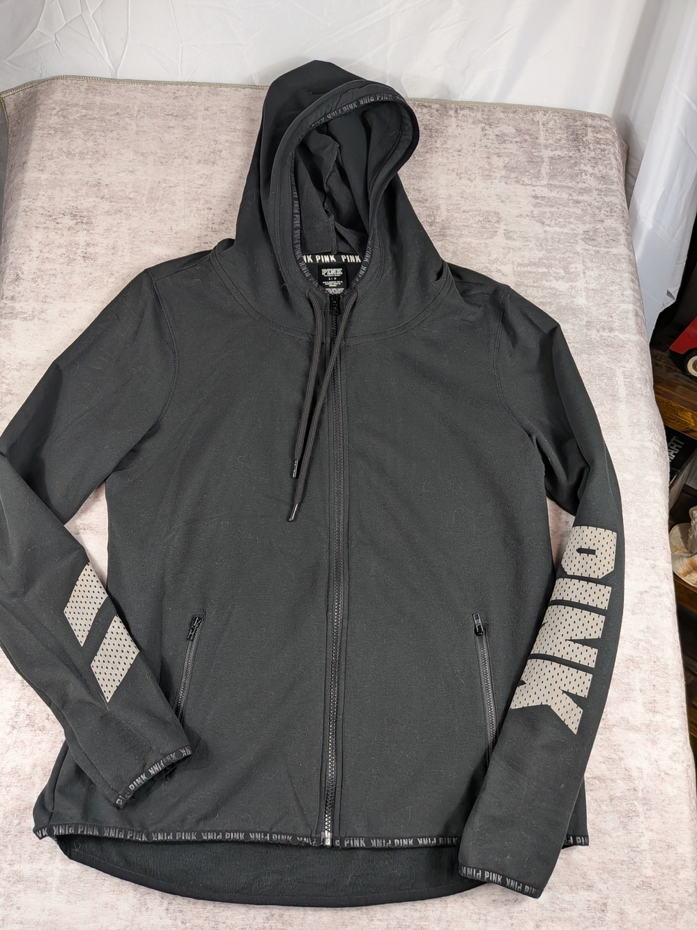 PINK Victoria's Secret Black Full-Zip Hoodie with Logo Sleeves